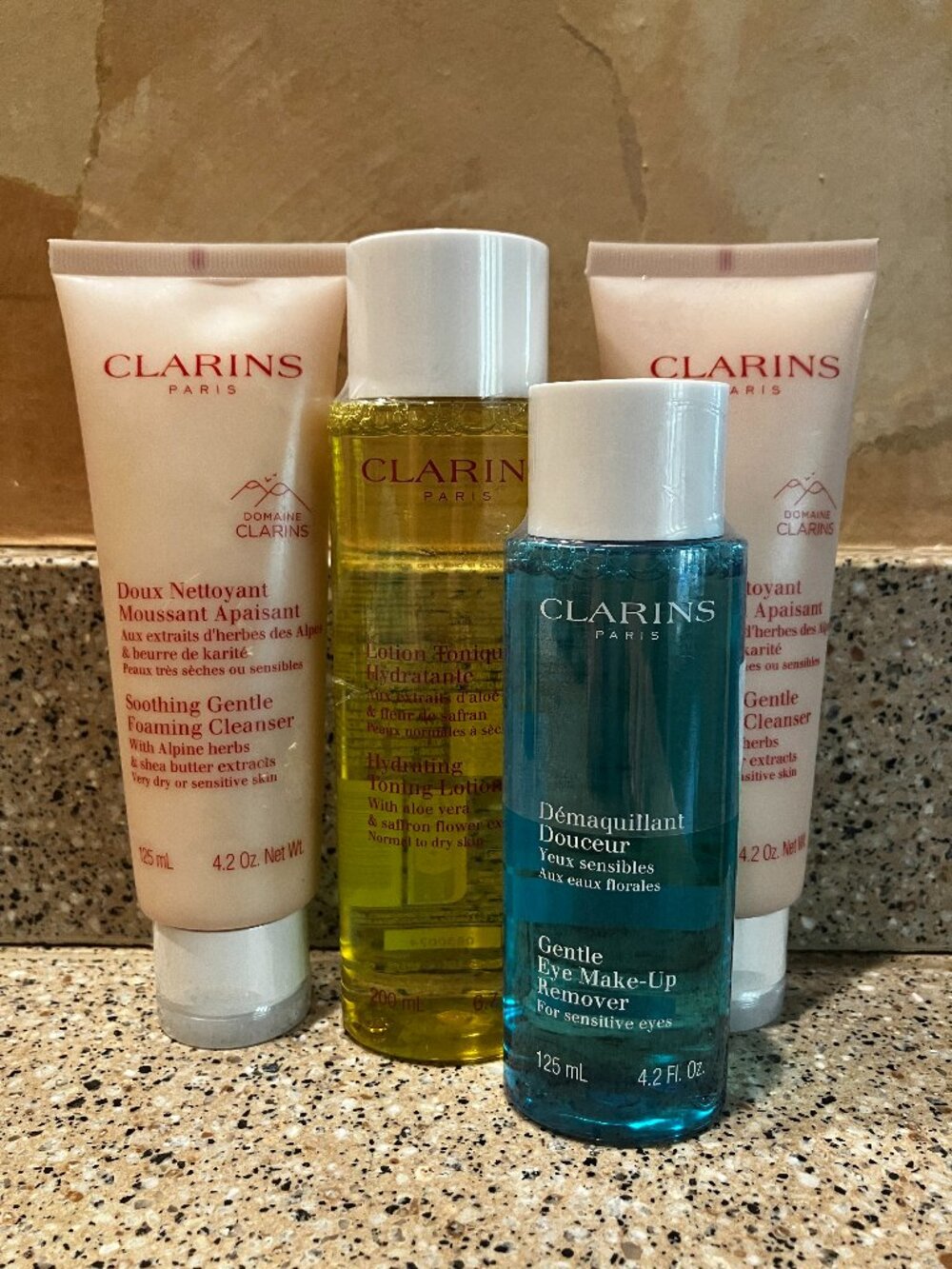Clarins 2 Soothing Gentle Foaming Cleansers, Hydrating Toner, Eye Makeup Remover